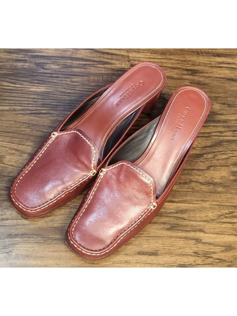 Womens Cole Haan Country Red Leather Block Heel Mules SZ 10 Comfort Slip-on
